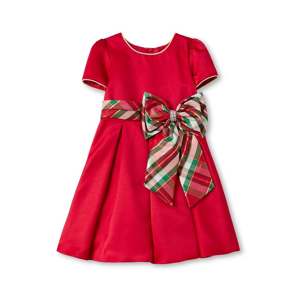 C1 Rare Editions Girls Satin Red Plaid Bow Holiday Christmas Dress Size 5